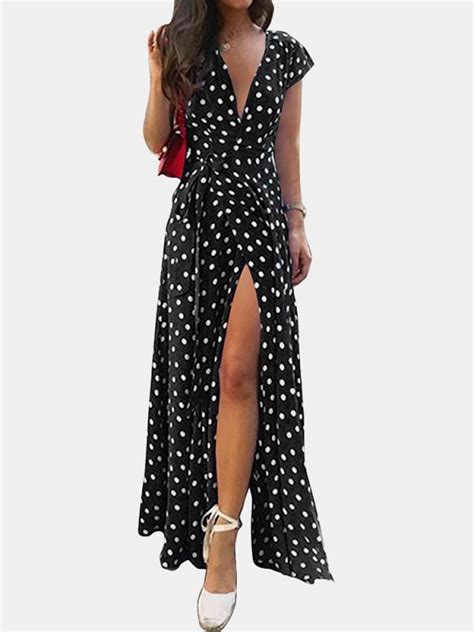 Polka Dots V Neck Short Sleeve Print Split Party Wrap Maxi Dress