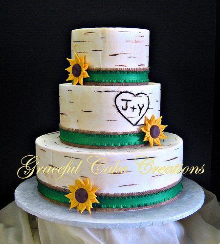 Rustic White Birch Wedding Cake With Burlap Ribbon And Sunflowers