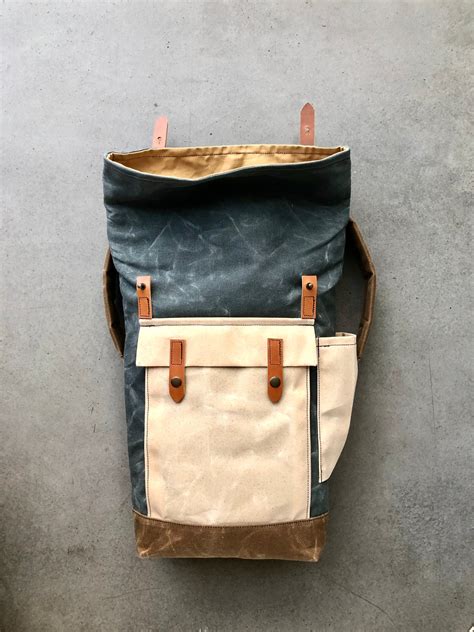 Gray Waxed Canvas Leather Backpack Medium Size Commuter Backpack