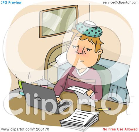 Cartoon Of A Sick Man Working At Home With An Ice Pack On