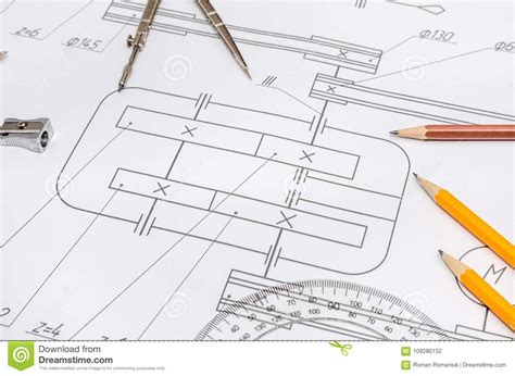 Engineering Drawing With Tools Stock Photo Image Of