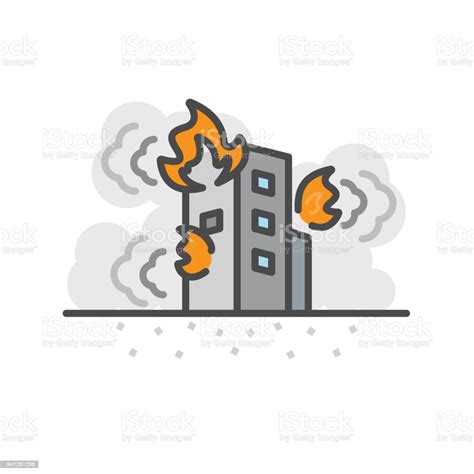 Earth Quake Building Fire Vector Flat Line Icon Stock Illustration