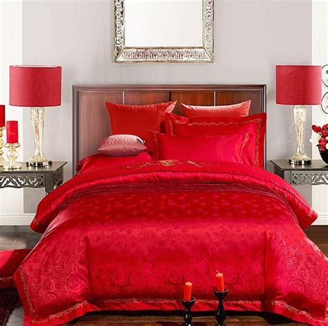 Embroidered Red Wedding Bedding Set Luxury Chinese Satin Jacquard
