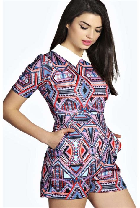 Boohoo Grace Geo Print Contrast Collar Playsuit Multi Pick A Playsuit For A Fashion Favourite