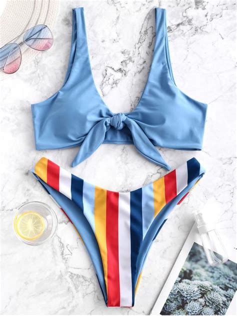 42 Off Popular 2020 Zaful Striped Knotted High Cut Bikini Swimsuit