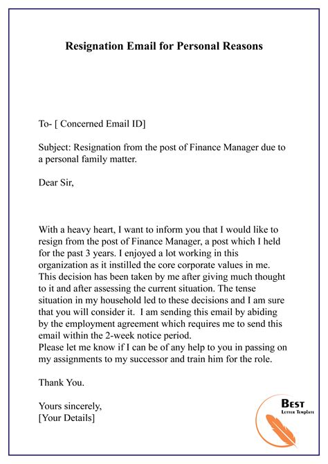 Resignation Letter Sample For Personal Reasons Marriage Ylete