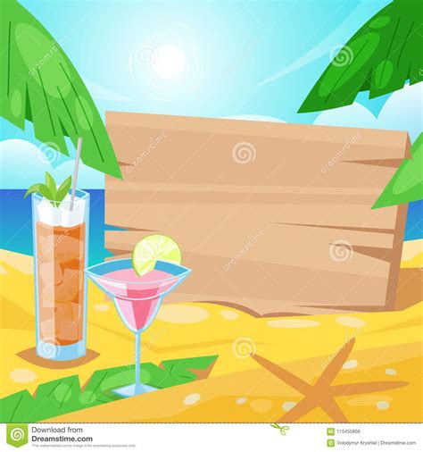 Tropical Summer Beach Alcohol Beverages And Wooden Board With Place For Text On Sand Vector