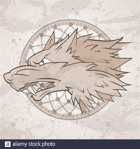 Vector Illustration With Wolfs Head And Dreamcatcher On Grange