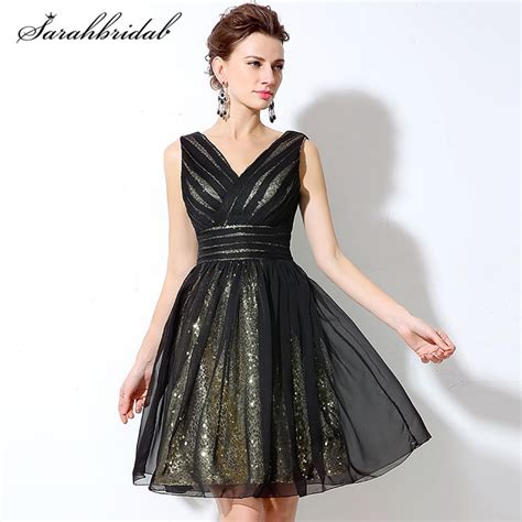 Black Simple Formal Cocktail Party Dresses Tulle Knee Length Sleeveless A Line V Neck Prom Gowns