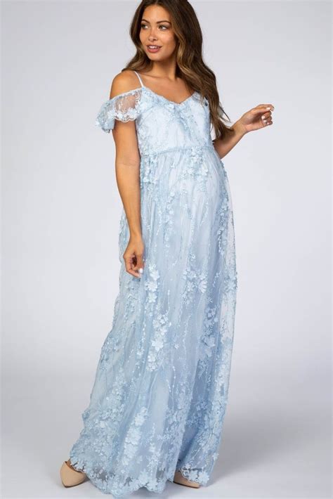Light Blue Floral Embroidered Mesh Maternity Evening Gown Maternity Evening Gowns Maternity