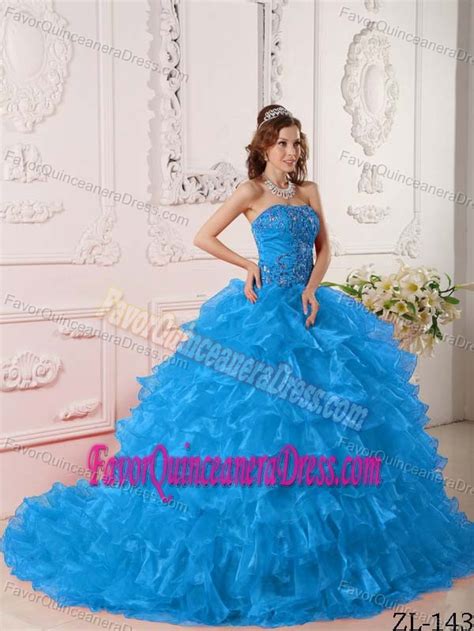Strapless Organza Embroidery Teal Ball Gown Quinceanera Dresses With