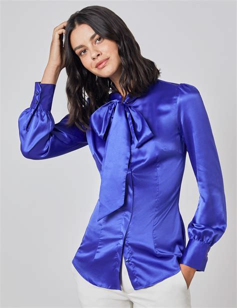 Plain Satin Womens Fitted Blouse With Single Cuff And Pussy Bow In