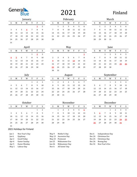 2021 Calendar Finland With Holidays