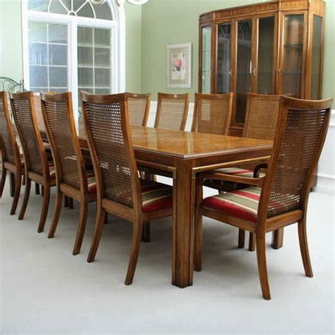 Vintage Drexel Campaign Style Dining Table With Ten Chairs Ebth