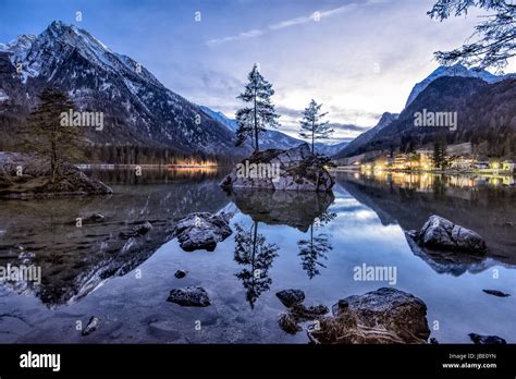 Lake Hintersee In Ramsau Berchtesgaden During After Sunset Stock Photo