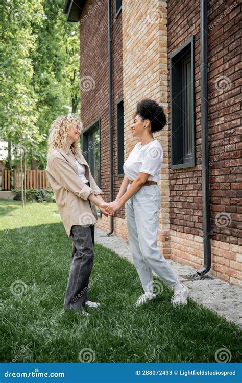 side view of delighted multiethnic lesbian stock image image of street house 288072433