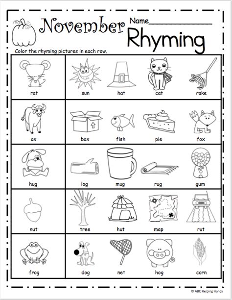Rhyming Worksheets Kindergarten Kindergarten