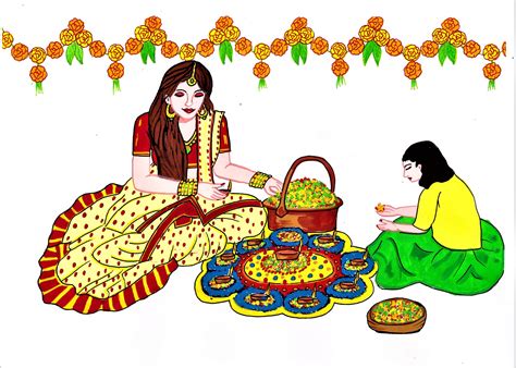 Onam Festival Girls Making Pookalam Drawing Onam Festival Drawings