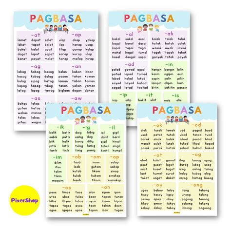 4 Pcs Pagsanay Sa Pagbasa Posters A4 Educational Charts Tagalog ₱156