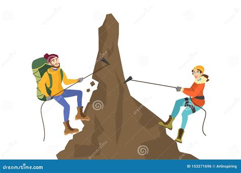 Alpinist Couple Climb The Mountain Extreme Sport Stock Vector