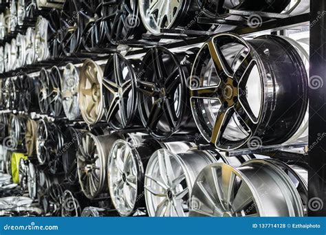 Wall Of Alloy Car Wheels In Store Stock Photo Image Of Automobile