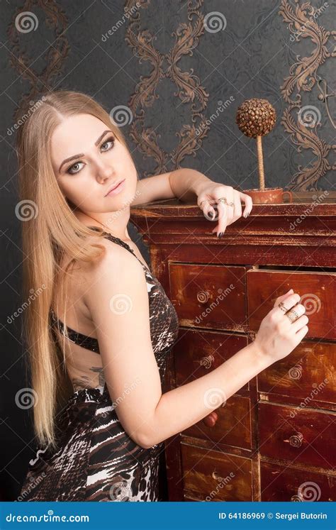 Beautiful Young Blonde Haired Woman Opens Drawer Stock Image Image Of