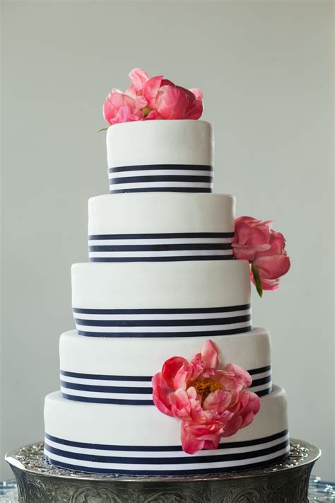 Navy Striped Wedding Cake With Peonies Striped Wedding Cake Nautical