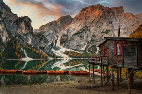 Lago Di Braies Lake And Seekofel Peak At Sunrise Dolomites Italy