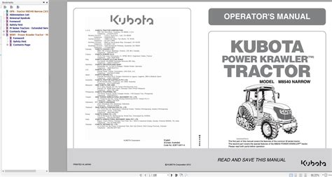 Kubota Power Krawler Tractor M8540 Narrow 1agaigkap041a Operator Manual