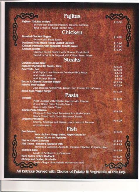 The Painted Pony Bar And Grill Menus In Sackville New Brunswick Canada