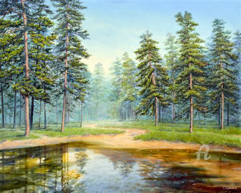 Forest Lake Painting By Sergey Lutsenko Artmajeur