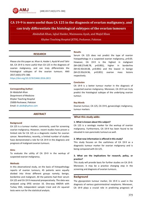 This helps doctors decide if they should change treatment or run more tests or scans. (PDF) CA 19-9 is more useful than CA 125 in the diagnosis ...