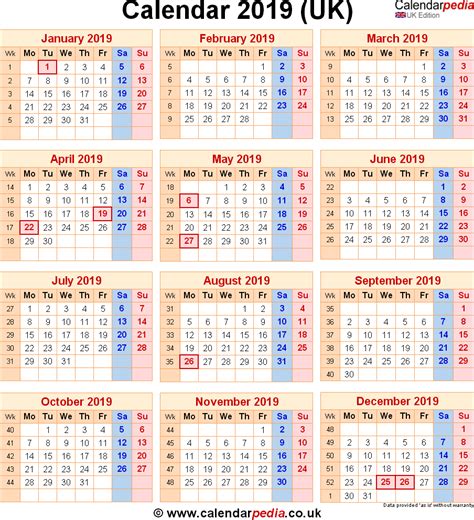 Calendar 2019 Uk With Bank Holidays And Excelpdfword Templates