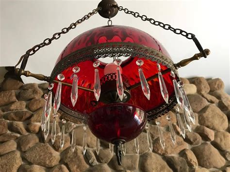 Vintage Ruby Red And Crystal Hanging Lamp 1900 Replica Red Etsy