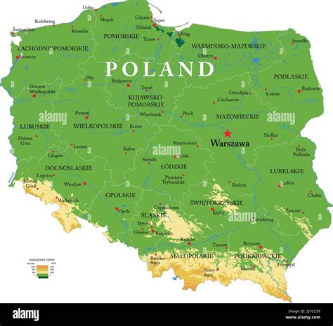 Mapa físico muy detallado de Polonia en formato vectorial con todas las formas de relieve
