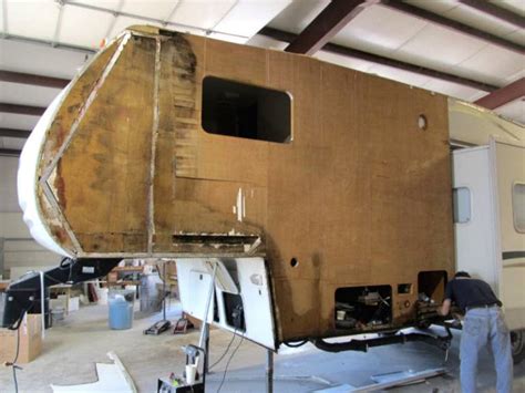 Rv wall repair do it yourself with interior, exterior or water damage wall. Chaperral 5th wheel travel trailer showing water damge after storm damage being repaired by ...