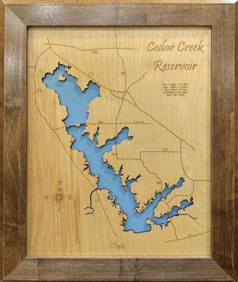 Cedar Creek Lake Texas Laser Cut Wood Map Wood Map Cedar Creek