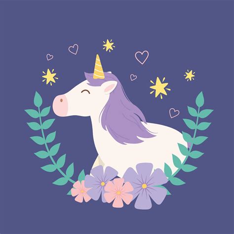 Magic Unicorn Cartoon Character With Leaves And Flowers 1432366 Vector