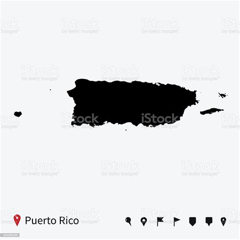 High Detailed Vector Map Of Puerto Rico With Navigation Pins Stock