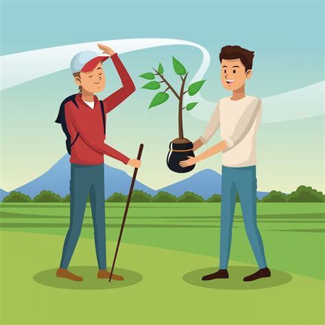 Hombres jóvenes sembrando un árbol en la naturaleza Vector Premium
