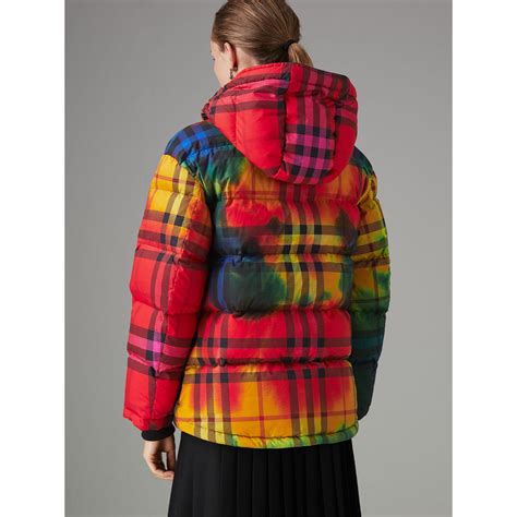 Tie Dye Print Vintage Check Puffer Jacket In Multicolour Women
