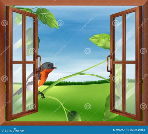 Une Fenêtre Ouverte Avec Vue Sur Loiseau Dehors Illustration De