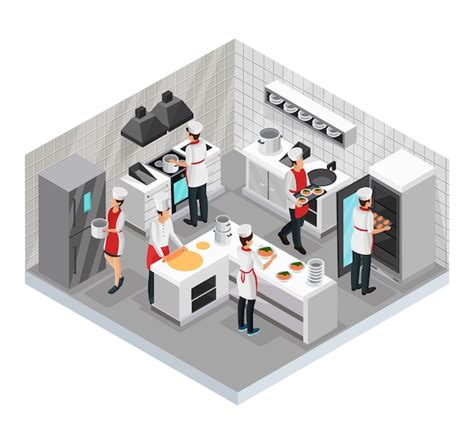 Free Vector Isometric Restaurant Cooking Room Concept With Cooks