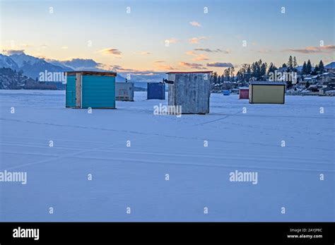 Ice Fishing Shacks On Lake Windermere At The Town Of Invermere British