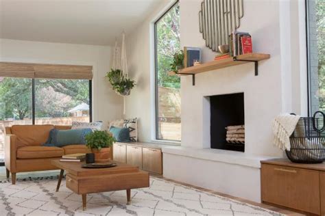 Neutral Midcentury Modern Living Room With White Fireplace Hgtv