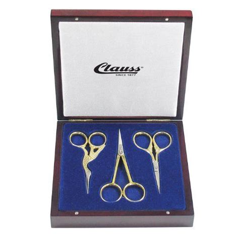 All knives feature stainless steel blades and beautiful pakka cherry wood handles. Clauss Gold Plated Sewing Scissors Gift Set in Wood Box, 3 ...