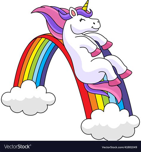 Unicorn Sliding Over The Rainbow Cartoon Clipart Vector Image