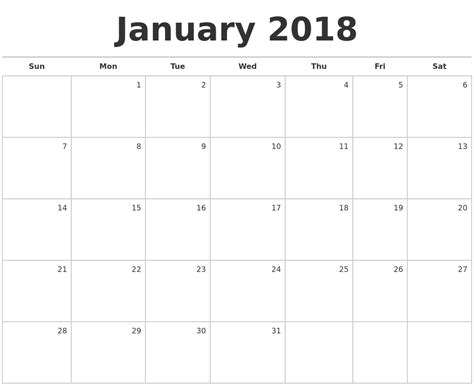 Blank Calendar For January 2018 Riset