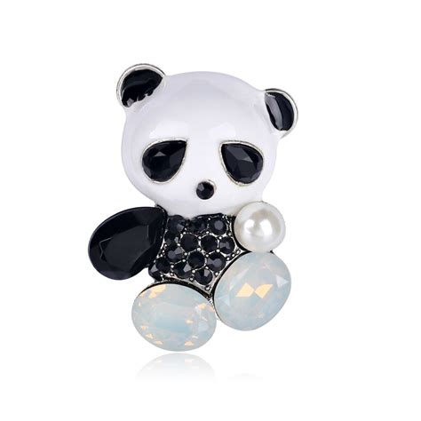 Simulated Pearl Crystal China Panda Animal Brooches For Women Enamel
