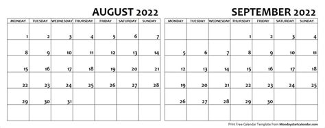 August September 2022 Calendar Monday Start Two Months Template